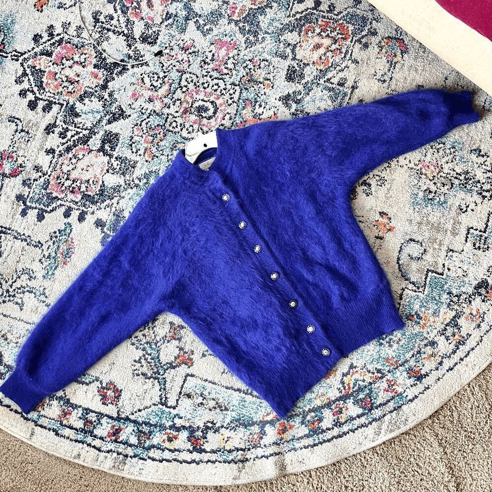 VTG 80s Bellini Angora Blend Cardigan Purple Fuzzy Knit Sweater M